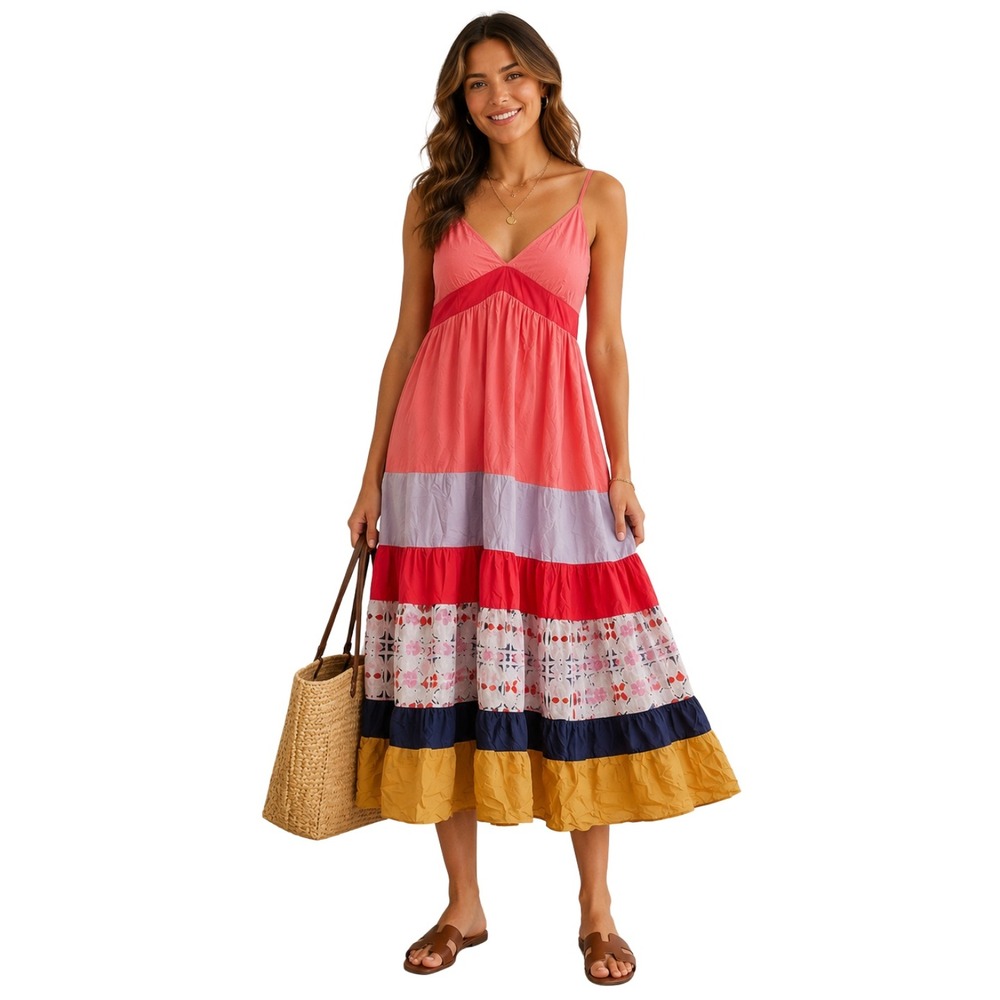 Johnny Was Dress Women Large Pink Silk Tiered Mixed Print V-Neck Midi Boho Lined